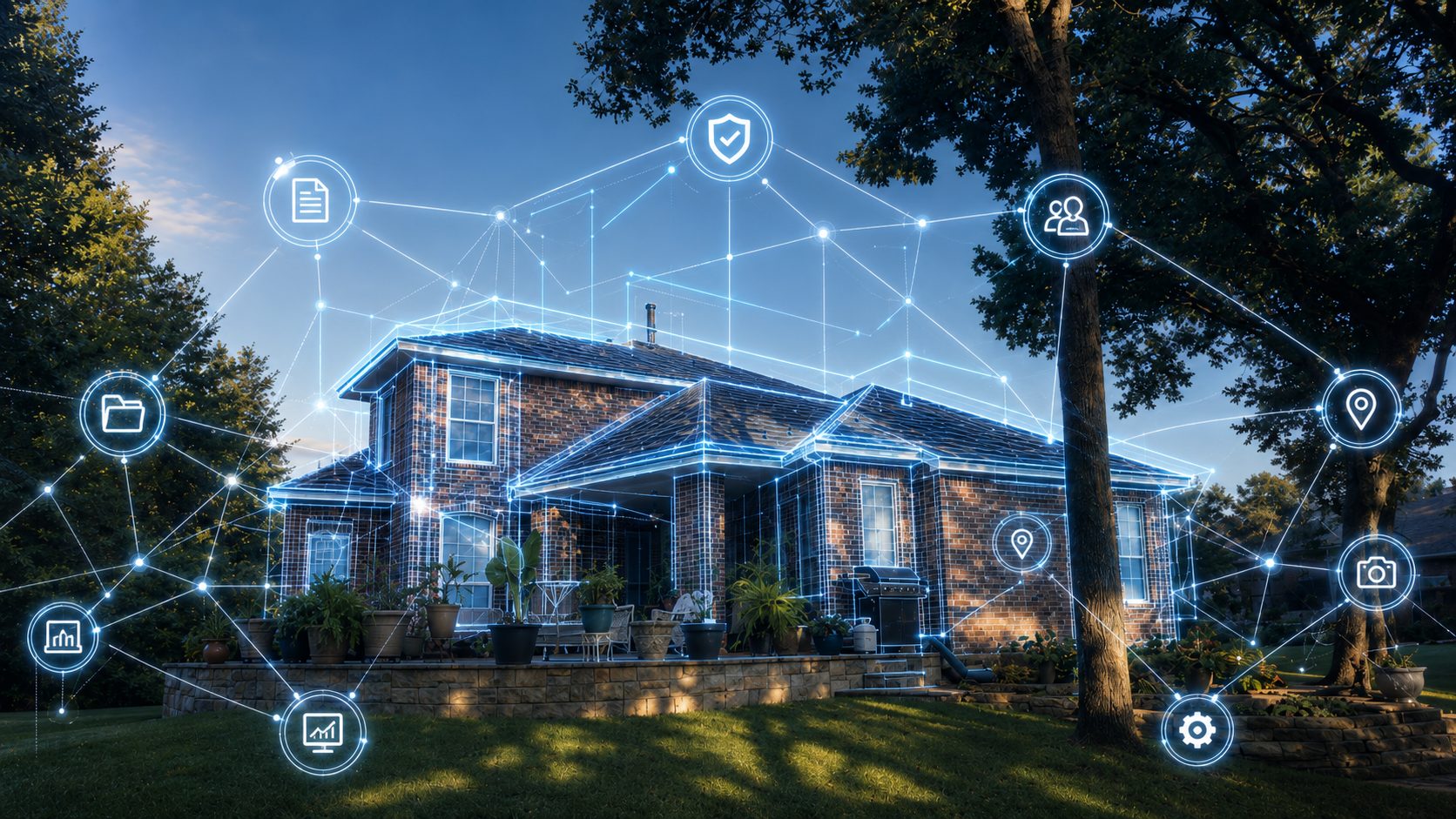 A North Texas home overlaid with a network of documentation and inspection data points